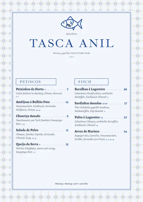 Indigo-Tasca – Seite 1 der Speisekarten-Vorlage