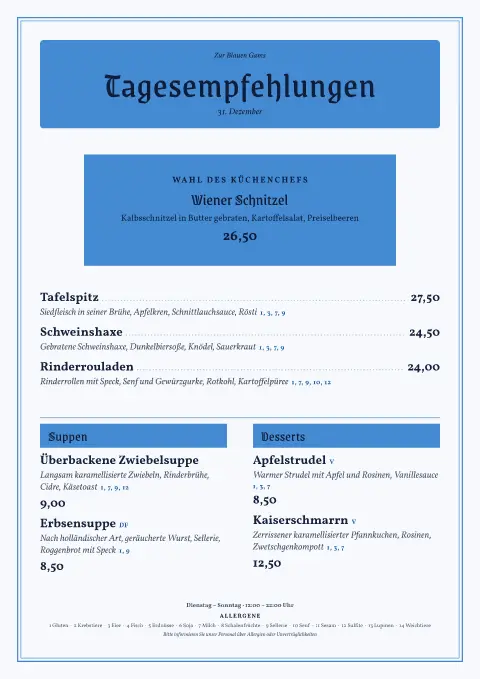 Blaue Raute – Vorschau der Speisekarten-Vorlage