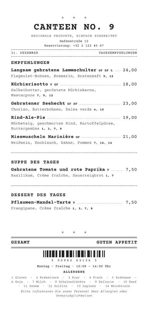 Kassenrolle – Vorschau der Speisekarten-Vorlage