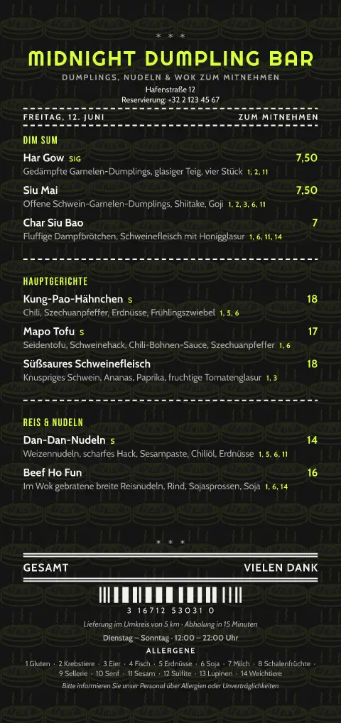 Neon-Dumpling – Vorschau der Speisekarten-Vorlage