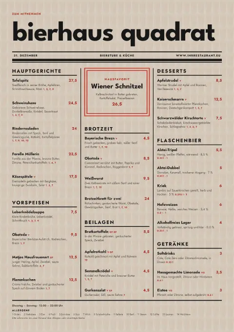 Bauhaus Bierblatt – Vorschau der Speisekarten-Vorlage