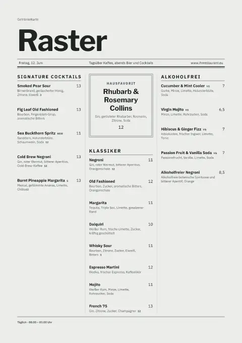 Raster-Gazette – Vorschau der Speisekarten-Vorlage