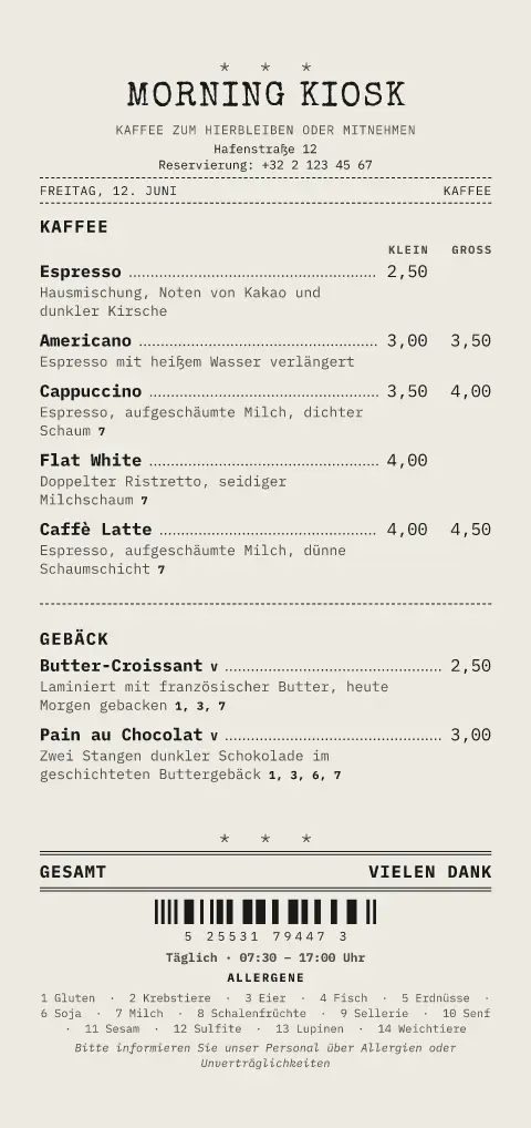Durchschlag – Vorschau der Speisekarten-Vorlage