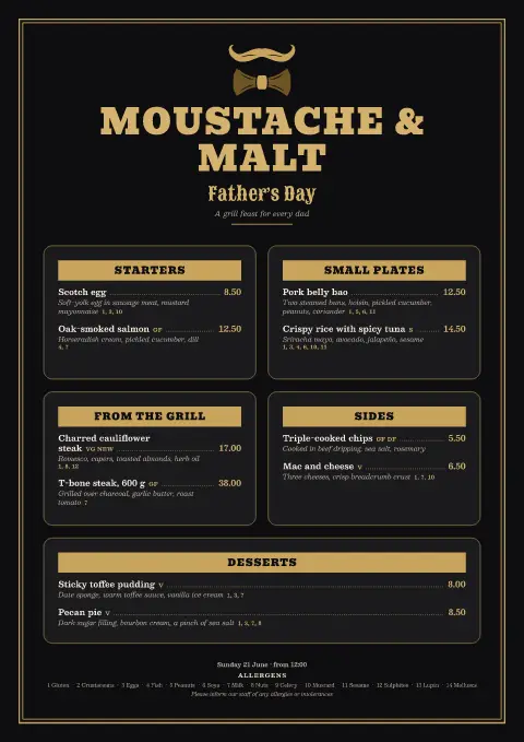 Gilded Moustache – menu template preview