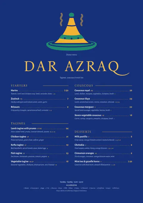 Cobalt Tagine – menu template preview