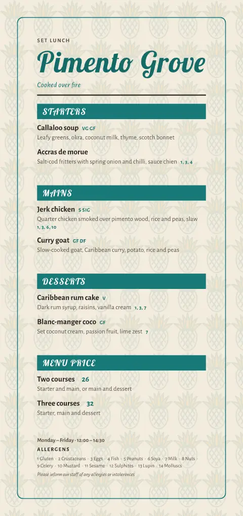 Pimento Palms – menu template preview