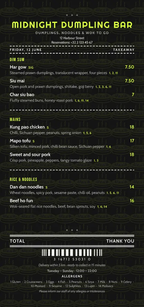 Neon Dumpling – menu template preview