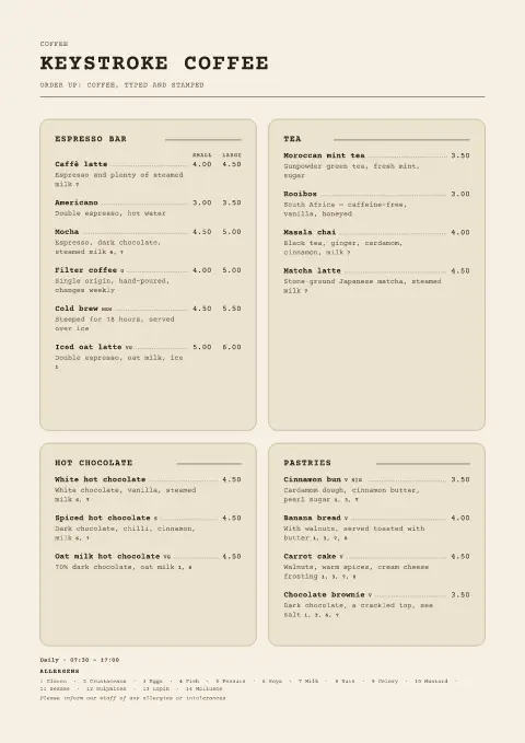 Carbon Crema – menu template preview