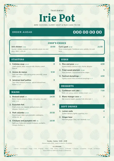 Irie Palm – menu template preview
