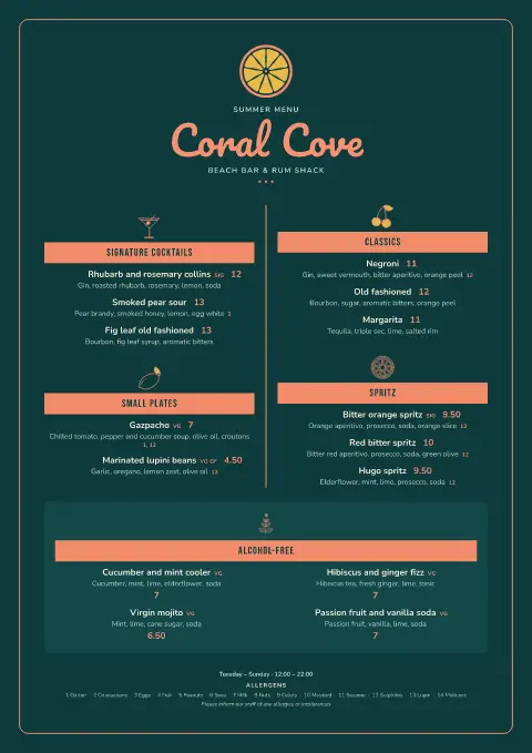 Coral Sunset – menu template preview