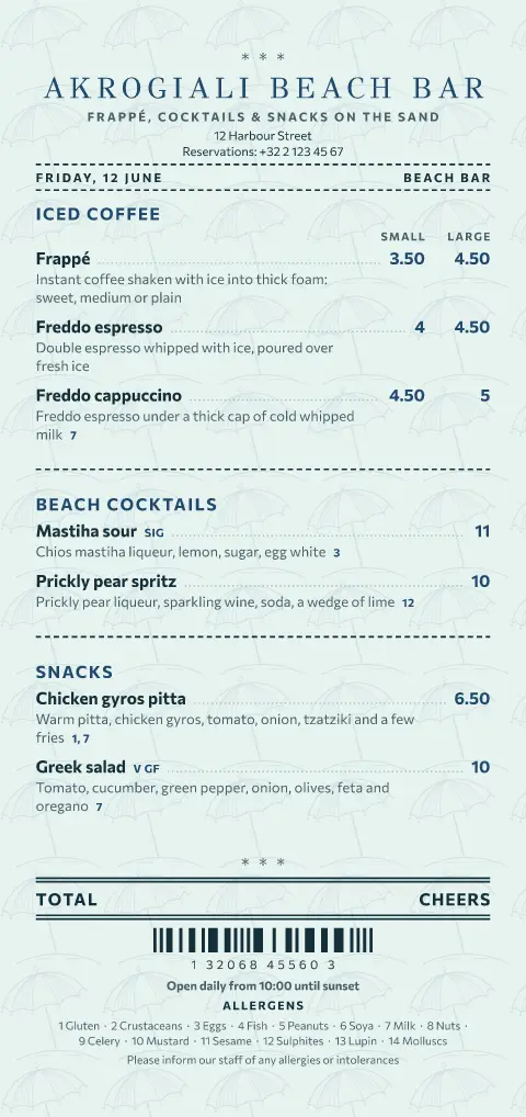 Sunbed Tab – menu template preview