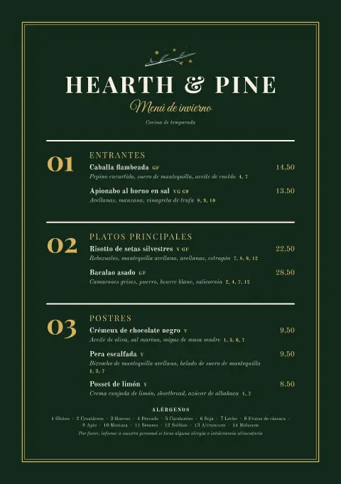 Cena siempreverde – vista previa de la plantilla de menú