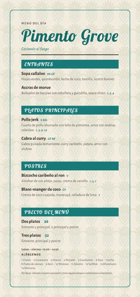 Palmeras de pimienta – vista previa de la plantilla de menú