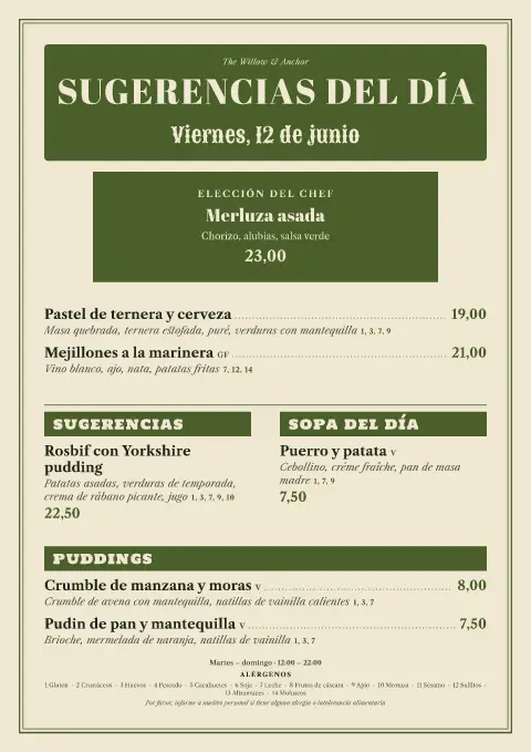 Pizarra de sauce – vista previa de la plantilla de menú