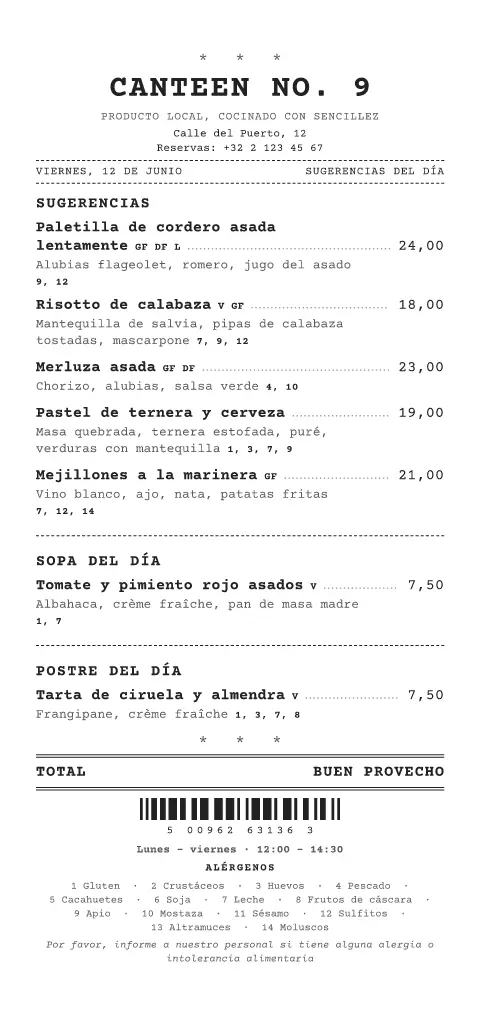 Rollo de caja – vista previa de la plantilla de menú