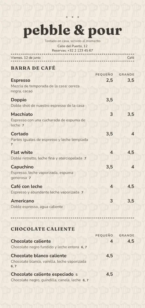 Tique de moka – vista previa de la plantilla de menú