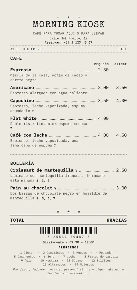 Copia al carbón – vista previa de la plantilla de menú