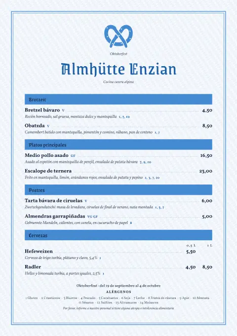 Bretzel celeste – vista previa de la plantilla de menú
