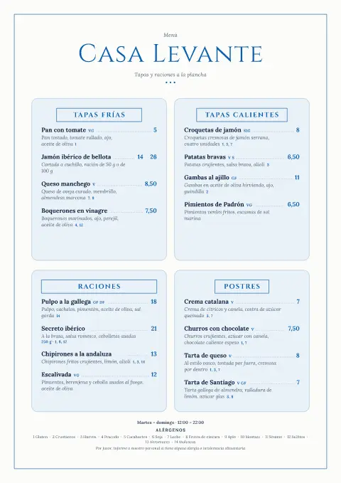 Plancha azul – vista previa de la plantilla de menú