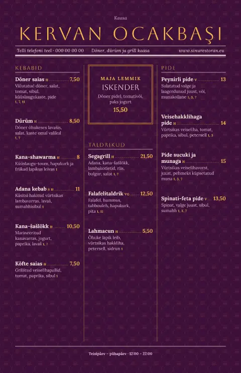 Söeteataja – menüümalli eelvaade