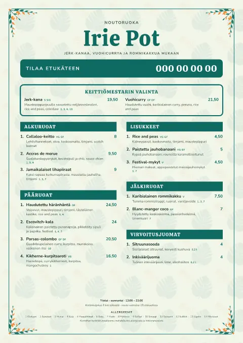 Irie-palmu – ruokalistapohjan esikatselu
