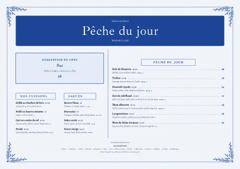 Quai bleu – aperçu du modèle de menu