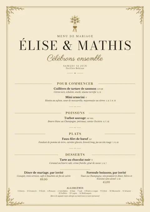 Salon d'opaline – aperçu du modèle de menu