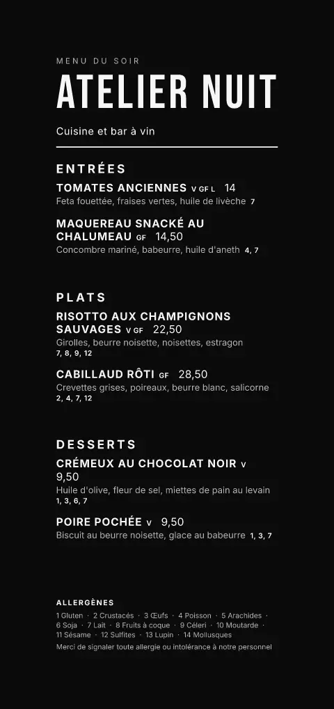 Colonne noire – aperçu du modèle de menu