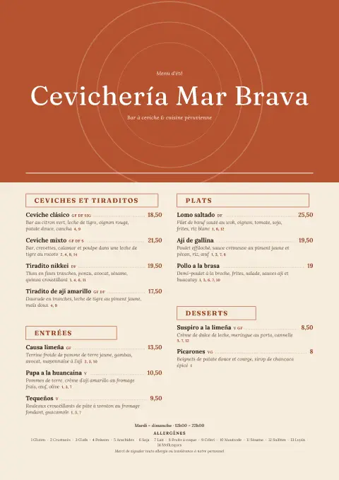 Leche de tigre – aperçu du modèle de menu