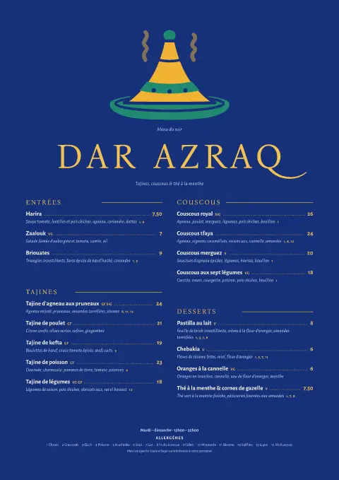 Tajine cobalt – aperçu du modèle de menu