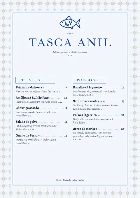 Tasca indigo – page 1 du modèle de menu