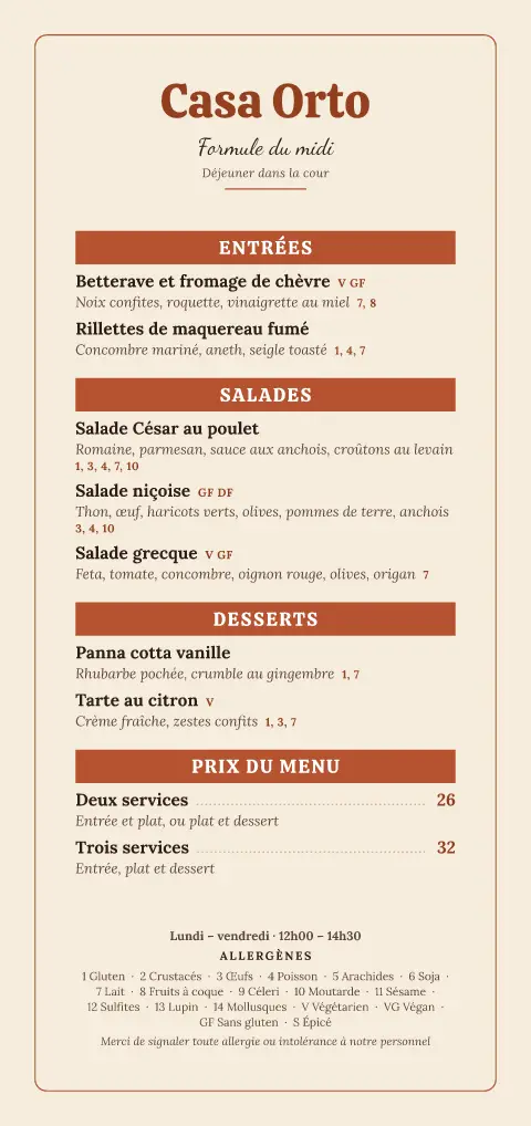 Orto terracotta – aperçu du modèle de menu