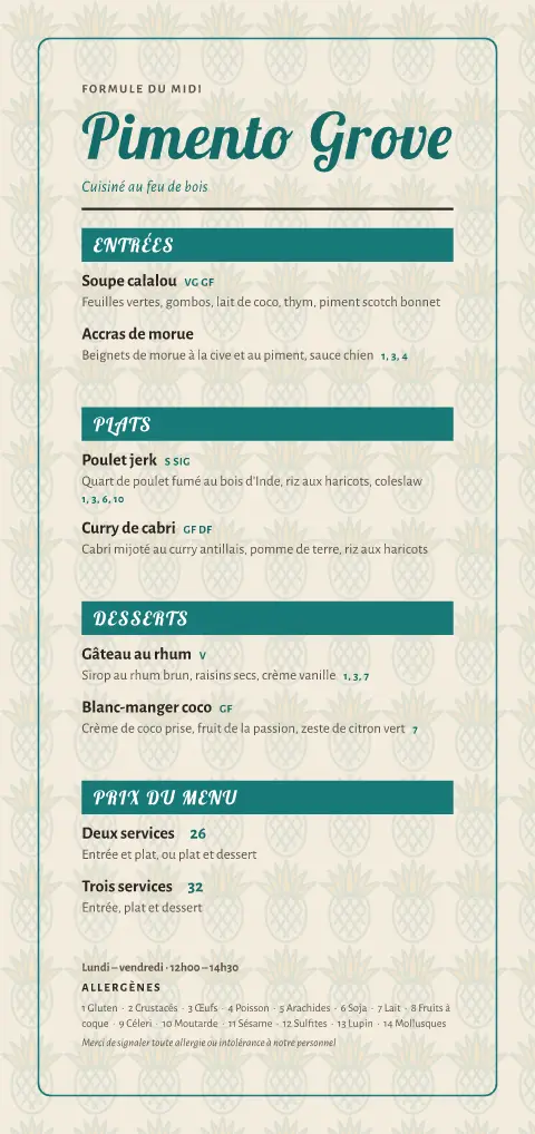 Palmes et piment – aperçu du modèle de menu