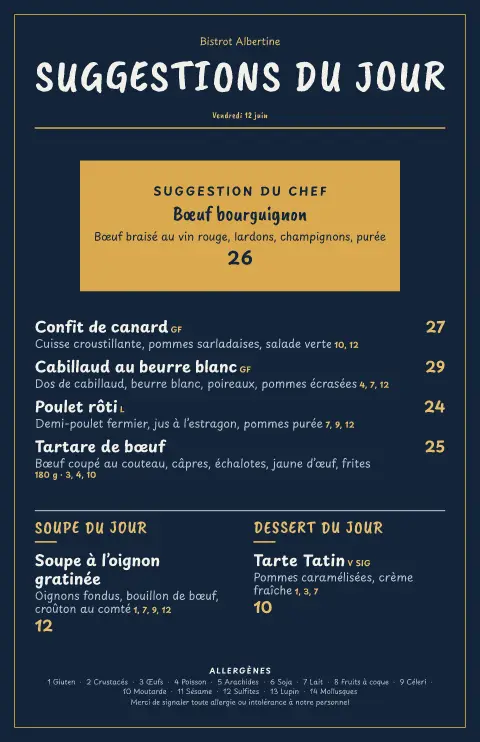 Ardoise marine – aperçu du modèle de menu