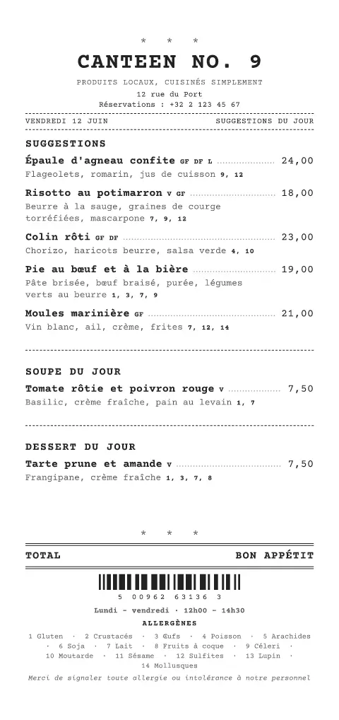 Rouleau de caisse – aperçu du modèle de menu