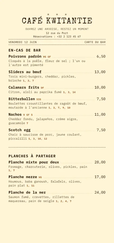 Ticket beurre frais – aperçu du modèle de menu