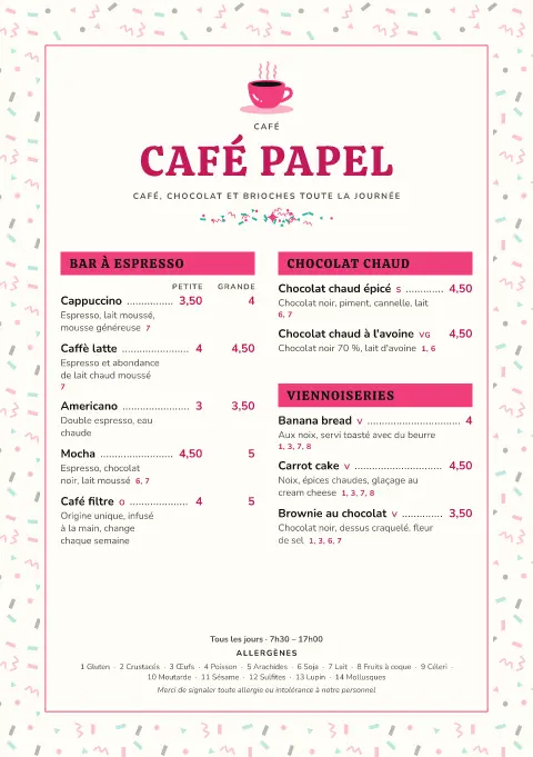 Fiesta crema – aperçu du modèle de menu