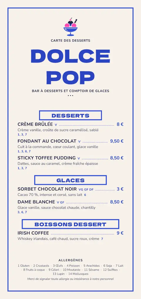 Sundae pop – aperçu du modèle de menu