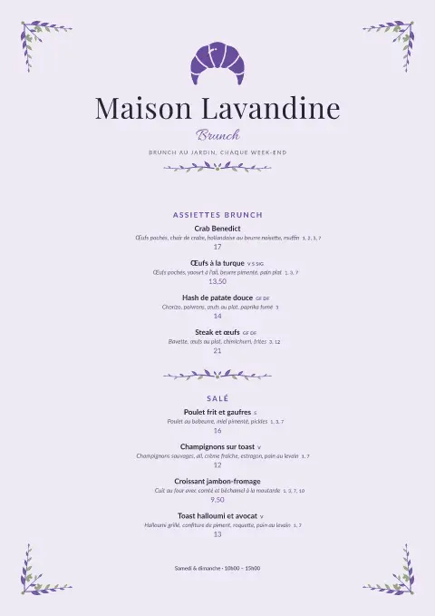 Aube de lavandin – aperçu du modèle de menu