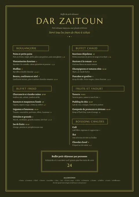 Aube d’olivier – aperçu du modèle de menu