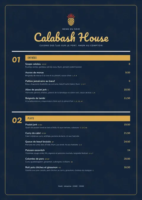 Port des calebasses – aperçu du modèle de menu