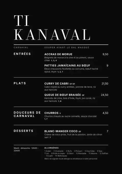 Masque noir – aperçu du modèle de menu