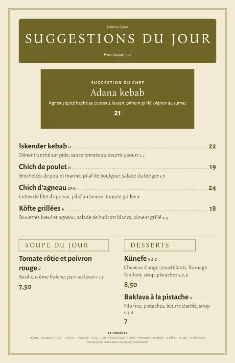 Lokanta olive – aperçu du modèle de menu