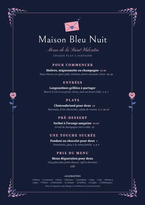 Rose au clair de lune – aperçu du modèle de menu