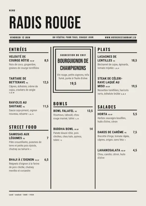 Bulletin betterave – aperçu du modèle de menu