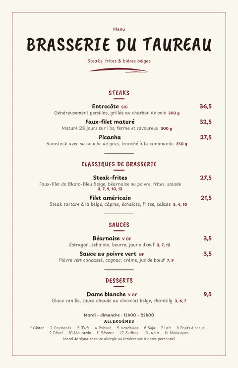 Ardoise bruxelloise – aperçu du modèle de menu