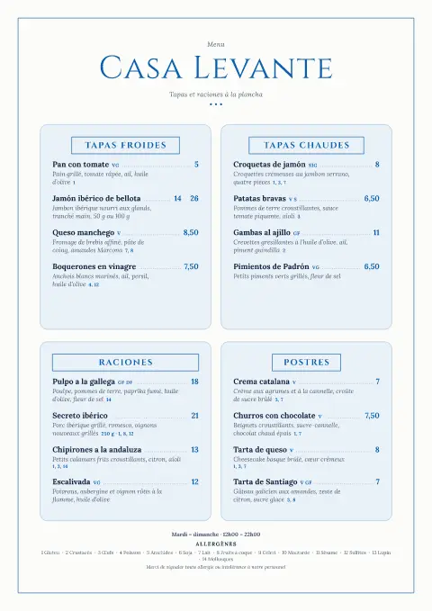 Plancha bleue – aperçu du modèle de menu