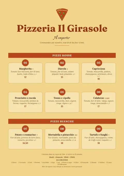 Tombola pizza – aperçu du modèle de menu