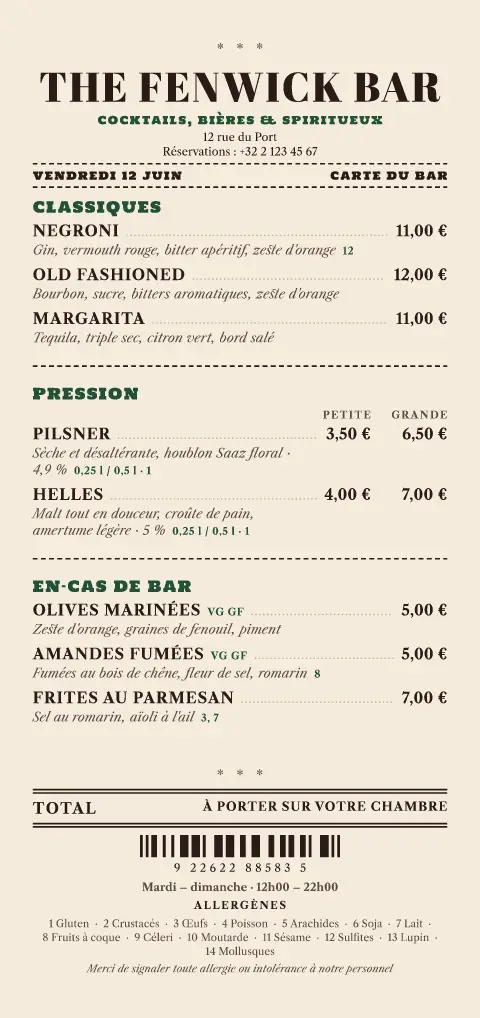 Note de chambre – aperçu du modèle de menu