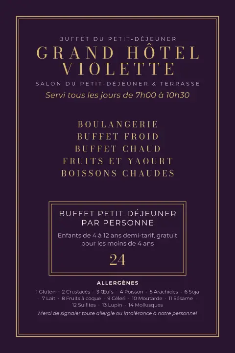 Aube aubergine – aperçu du modèle de menu